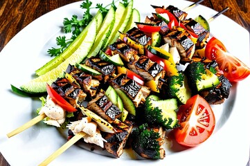 A plate of food with grilled vegetables and meat skewers