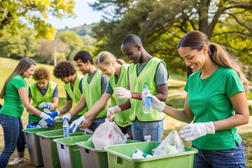 A group of people are working together to clean up a park