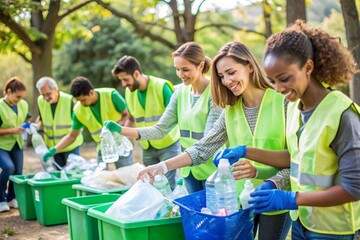 A group of people are working together to clean up a park
