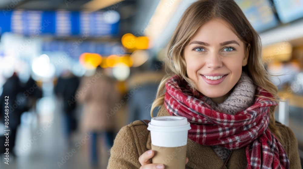 Sticker   A woman in a scarf, cradling a cup of coffee, stands before a throng of people at the airport