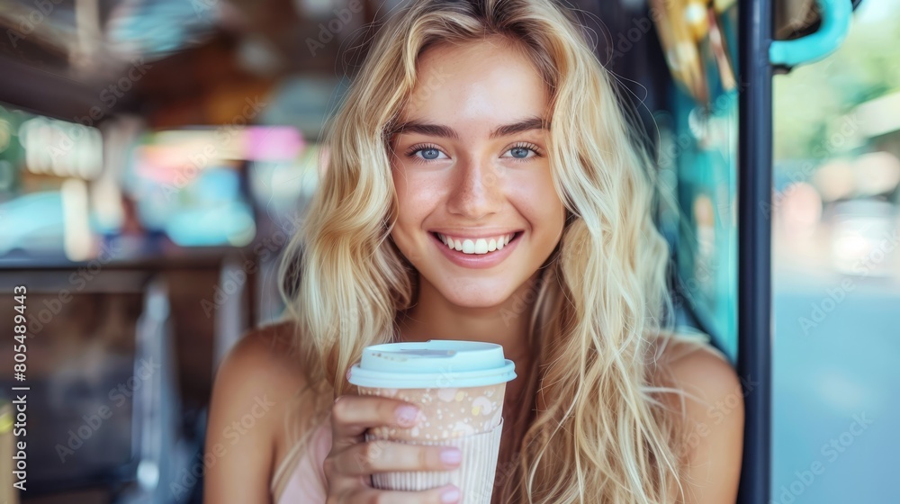 Sticker   A woman smiles at the camera while holding a steaming mug of coffee in her right hand