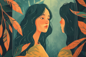 Young woman looking at herself in the mirror, self-reflection and self-love