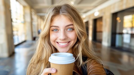   A woman happily smiles at the camera while holding a steaming cup of coffee in her right hand