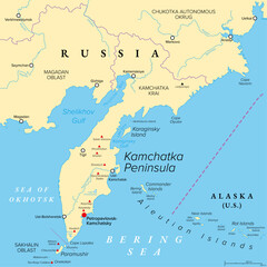 Obraz premium Kamchatka Peninsula, and the federal subject Kamchatka Krai of Russia, political map. Peninsula with numerous volcanoes between Bering Sea and Sea of Okhotsk. Offshore runs the Kuril-Kamchatka Trench.