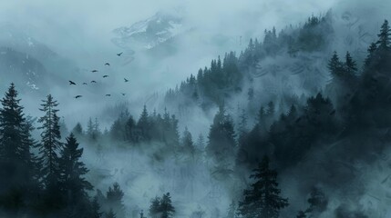   A fog-laden forest teems with trees and birds soaring above, foggy sky serving as their backdrop