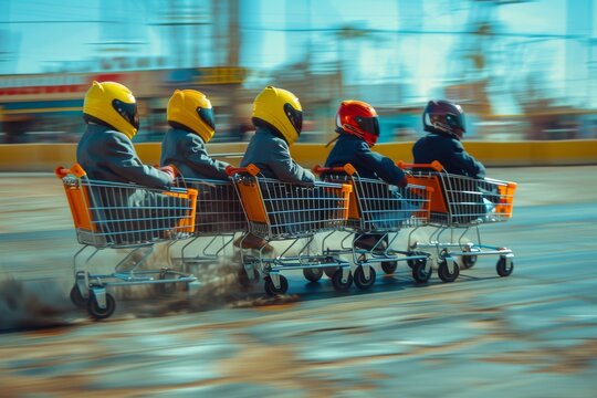 A dynamic, blurred motion image of people in colorful helmets racing in shopping carts, symbolizing speed and competition