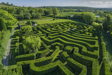 A green maze garden, viewed from above, with hedges trimmed to perfection, creating a complex pattern of paths and dead-ends, surrounded by a lush landscape, inviting exploration 