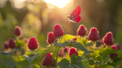   A butterfly flies above raspberries atop a green, leafy plant, facing the sun
