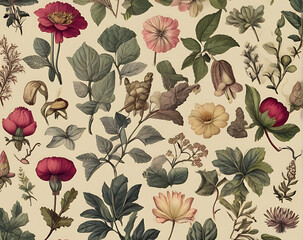 A Seamless pattern background of a collection of vintage botanical illustrations with flowers and plants in muted colors, wallpaper style, repeated patterns, 