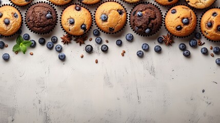   A table is topped with muffins, some of which are covered in blueberries Nearby, there's a bunch of additional muffins