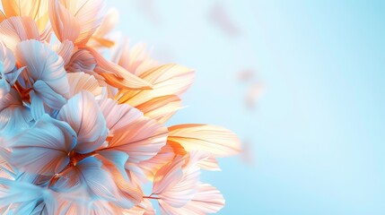   A tight shot of an array of blooms against a backdrop of blue, with a soft, indistinct flower image behind