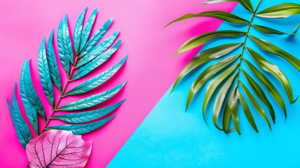   A pink-blue backdrop features a green leaf adjacent to a pink-blue plant