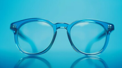   A blue surface holds a pair of blue glasses; their lenses mirror the glasses' appearance above