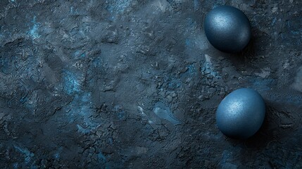   Two blue eggs on a blue tablecloth next to each other, resting on a cement floor