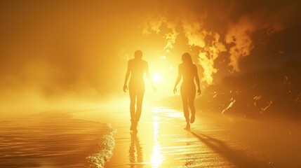   A few individuals stroll along the beach, adjacent to the ocean, as a cloudy sky permits sun rays to intermittently filter through
