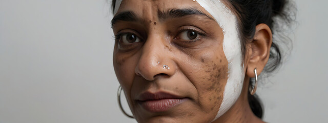 An Indian Lady with Vitiligo looking sideways in an isolated white background, closeup with sad face expression and copy space, 