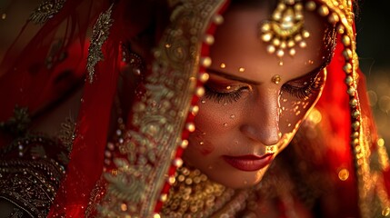   A tight shot of a woman donning a red and golden bridal veil, covering her head and obscuring her eyes