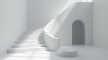   A white room houses a set of stairs bathed in bright daylight streaming through the window on the distant wall