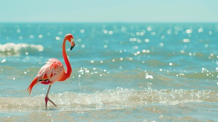  A pink flamingo atop a sandy beach, near a shimmering body of water Wave gently approaches