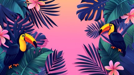  toucans amidst palm leaves and vibrant flowers against a pink backdrop