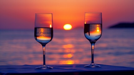   A pair of wine glasses atop a table, overlooking water during sunset