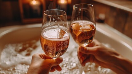   Two people indulge in wine, glasses submerged waist-deep in a tub full of bubbling water Bubbles rise from both the tub's surface and the drink within their