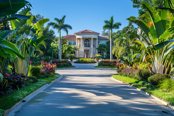 A grand, circular driveway leading to the imposing front entrance of an opulent estate. The estate...