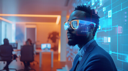african american man at a business meeting in metaverse, augmented reality screens, avatar