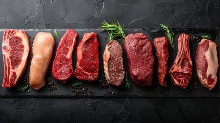   A line of uncooked meats arranged on a black surface, adorned with rosemary sprigs - Powered by Adobe