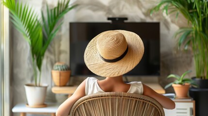   A woman in a straw hat sits in a wicker chair, facing a flat-screen TV in a living room