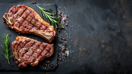   Two steaks atop a black cutting board, rosemary sprig nearby