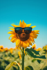 Fröhliche Sonnenblume trägt eine Sonnenbrille auf einem Feld unter klaren blauen Himmel - obrazy, fototapety, plakaty