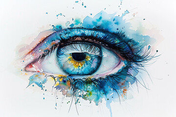 Eye made of watercolor splashes on white backdrop.