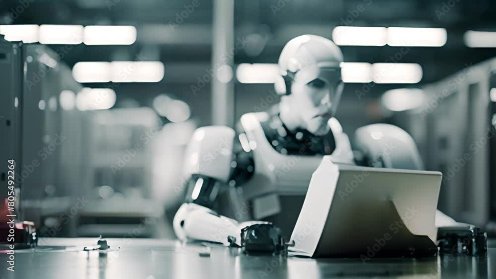 Poster robot working on laptop generative ai