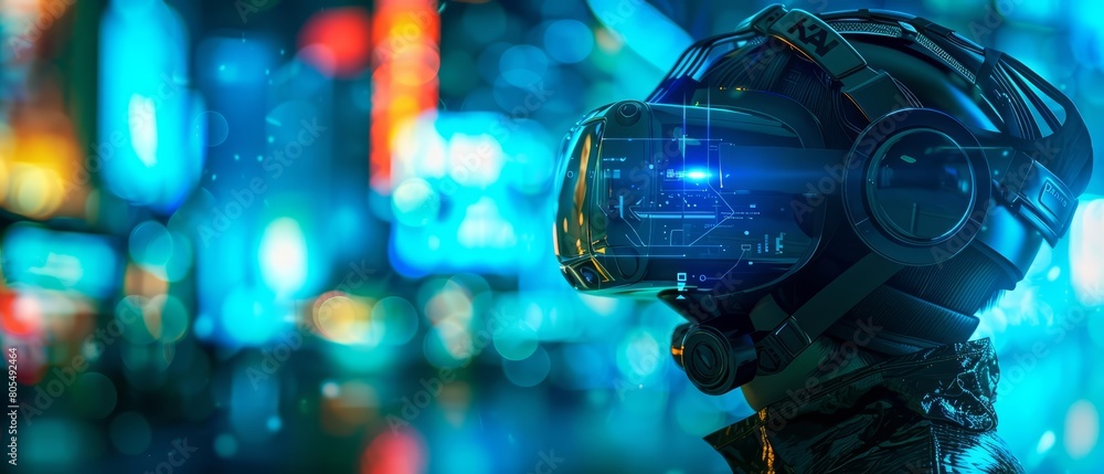 Poster a closeup cyber concept of a virtual reality headset that transports the wearer to a weird