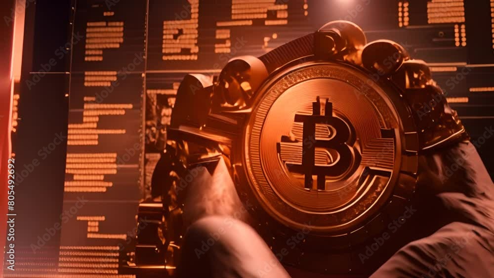 Poster person holding bitcoin in front of wall of numbers generative ai
