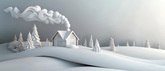 A cozy cabin sits nestled in a snowy landscape, smoke curling from its chimney, all created from textured white and gray paper, paper art style concept