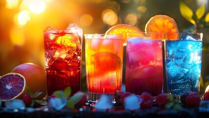 Assorted Drinks Displayed on a Dark Table in a Park. Concept Outdoor Dining, Beverage Selection, Dark Table Setting, Park Atmosphere - obrazy, fototapety, plakaty