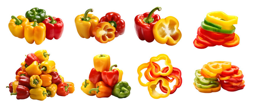 Red yellow green Capsicum bell pepper fruit vegetable, many angles and view side top front group slice cut on transparent background cutout, PNG file. Mockup template for artwork graphic design