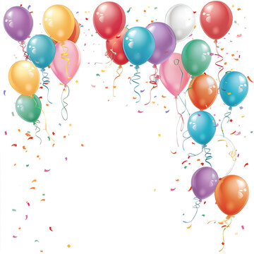 Na obrazie widać kolorowe balony pokryte konfetti i serpentynami, kt&oacute;re unoszą się w powietrzu. Widoczne są także dzieci bawiące się w tle