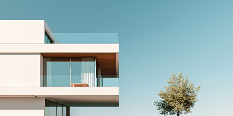 Modern Minimalist Architecture with Clean Lines Against Blue Sky, Wood and Glass Details.
