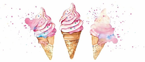 A watercolor painting of a kawaii ice cream cone with sparkling sprinkles, Clipart isolated on white background