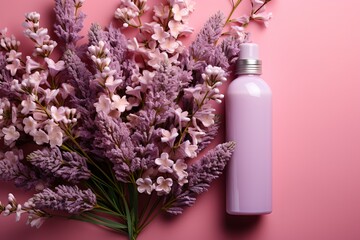 a pink bottle next to a bunch of lavender flowers on a pink background