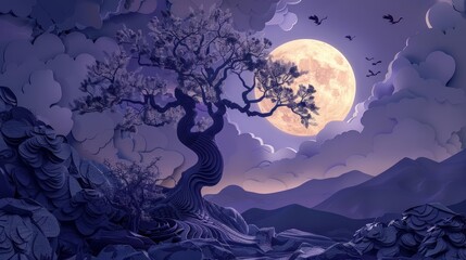 Fototapeta premium An ancient tree stands alone, its branches sprawling out in delicate paper filigree against a moonlit sky, paper art style concept