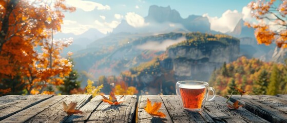 At the wooden table, sip a warm cup of tea with the mountain in autumn offering a breathtaking view, Sharpen 3d rendering background