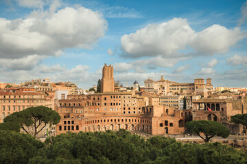 Obraz premium Looking down from a verdant hill, the sprawling cityscape below comes into view. Skyscrapers, bustling streets, and twinkling lights create a vivid panorama against the horizon