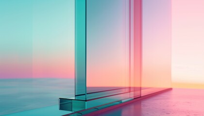 two glass panels, with a gradient background moving from light blue to pink.