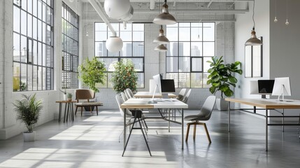 Design Scandinavian interior of a modern office enhances productivity with clean lines and organic textures, Interior 3d render Sharpen highdetail realistic concept