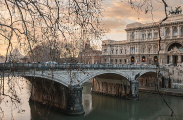 Fototapeta premium A magnificent bridge gracefully spans over a bustling body of water in the heart of a vibrant city. The bridge is a symbol of connection and unity, contrasting with the fast-paced city life below