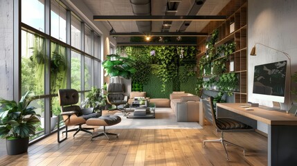 Design Scandinavian interior of a modern office enhances productivity with clean lines and organic textures, Interior 3d render Sharpen highdetail realistic concept